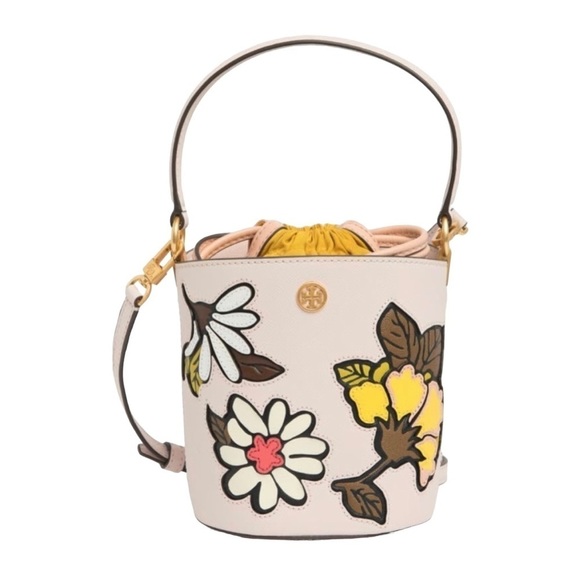 Tory Burch Robinson Bucket Bag Crossbody Purse Flower Appliqué NWT Leather - Picture 1 of 15